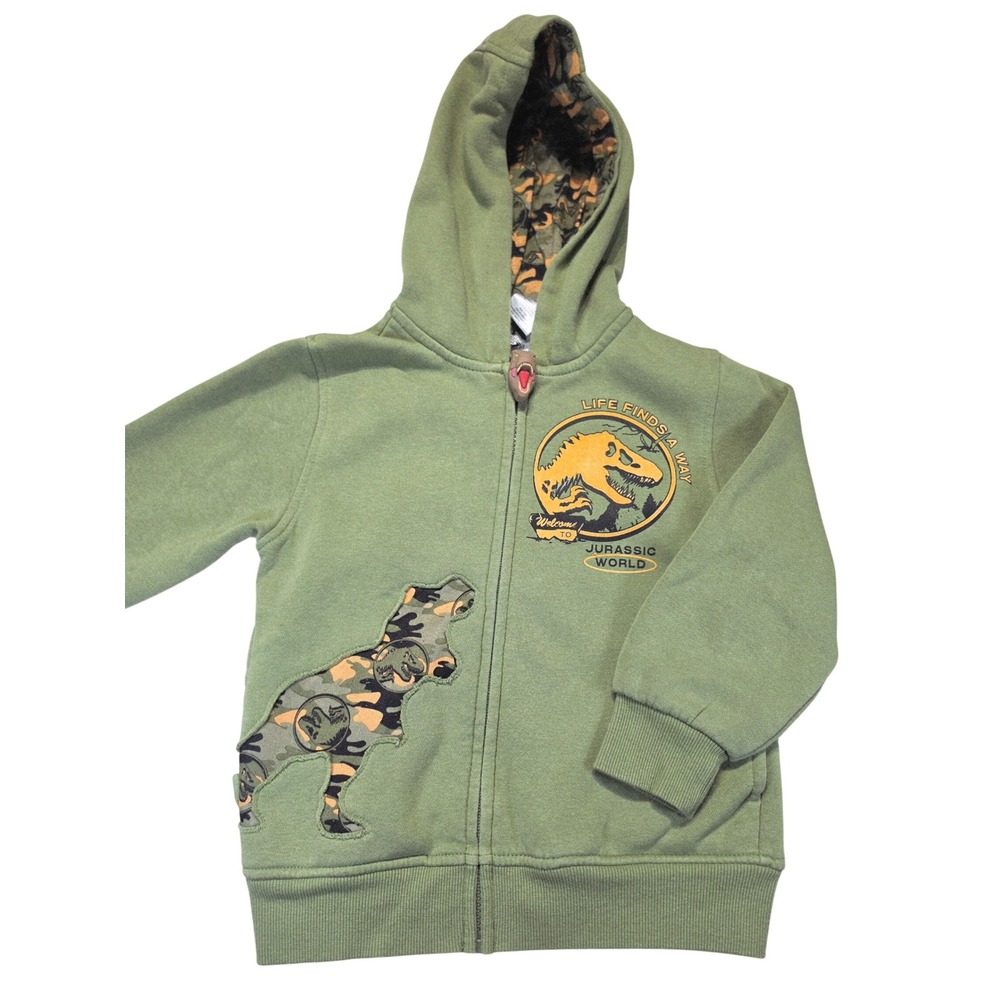 Jurassic World Boys Olive Green Zip Up Hoodie T-Rex Graphic XS 4/5Head Zipper